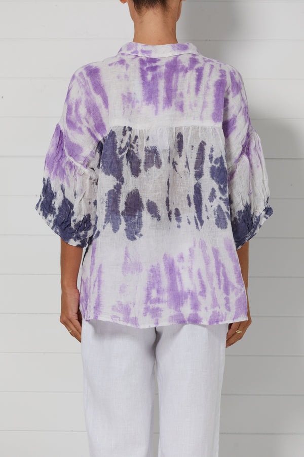 haris cotton linen gauze gathered sleeve shirt violet/blue marine tie dye SHR-8130X