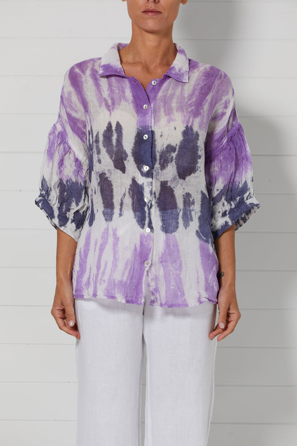 haris cotton linen gauze gathered sleeve shirt violet/blue marine tie dye SHR-8130X