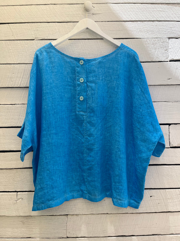 haris cotton linen curve back buttons blouse cobalt BLS-0216RF