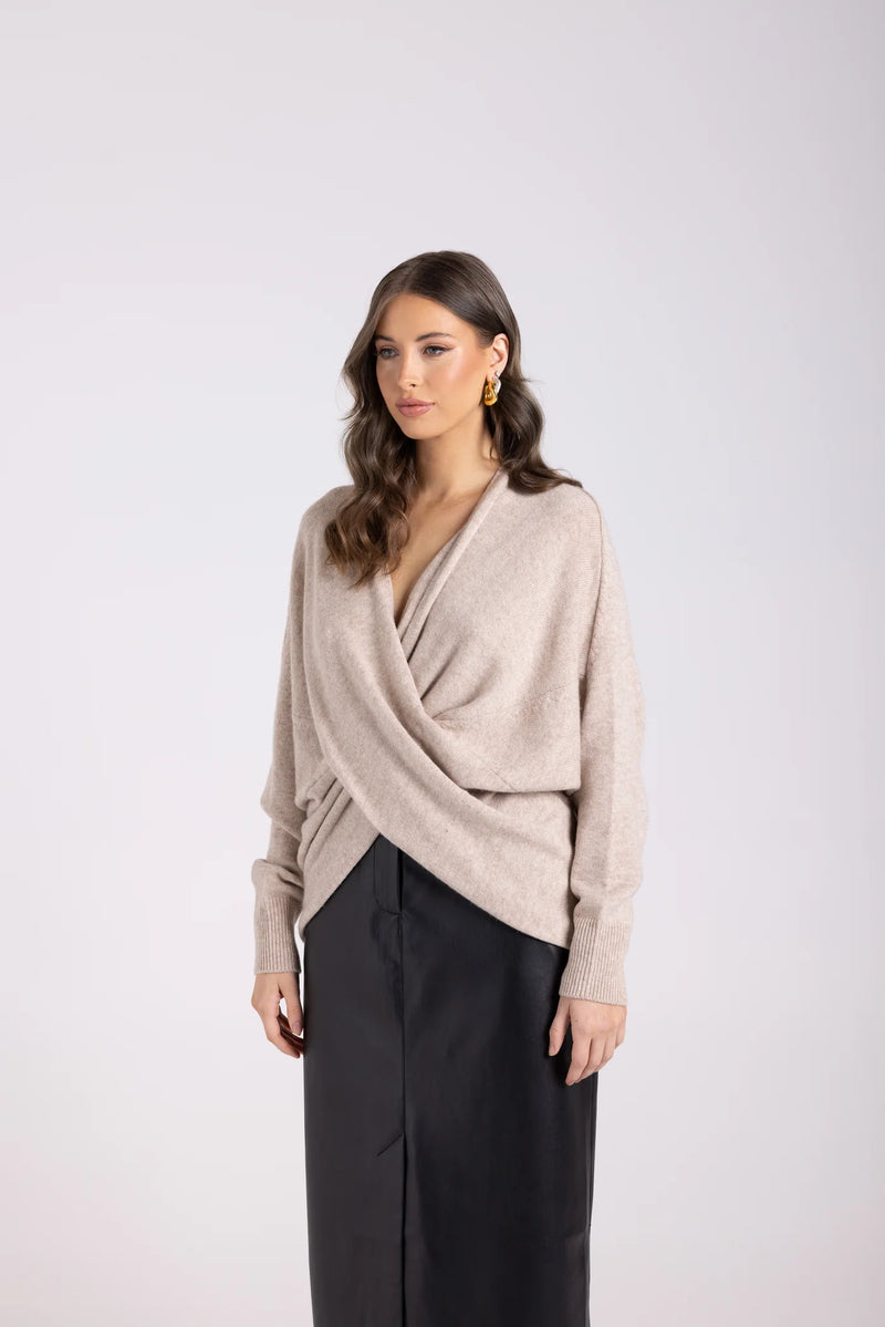 two t's cross over knit jumper oat 3071