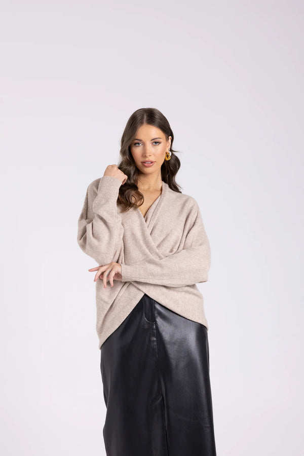 two t's cross over knit jumper oat 3071