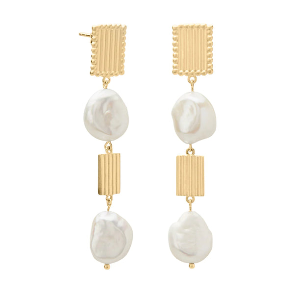 murkani aphrodite goddess large long pearl earrings 18kt yellow gold plate APYE09