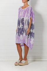 haris cotton linen gauze dress with jersey trim violet/blue marine tie dye DRS-6675F