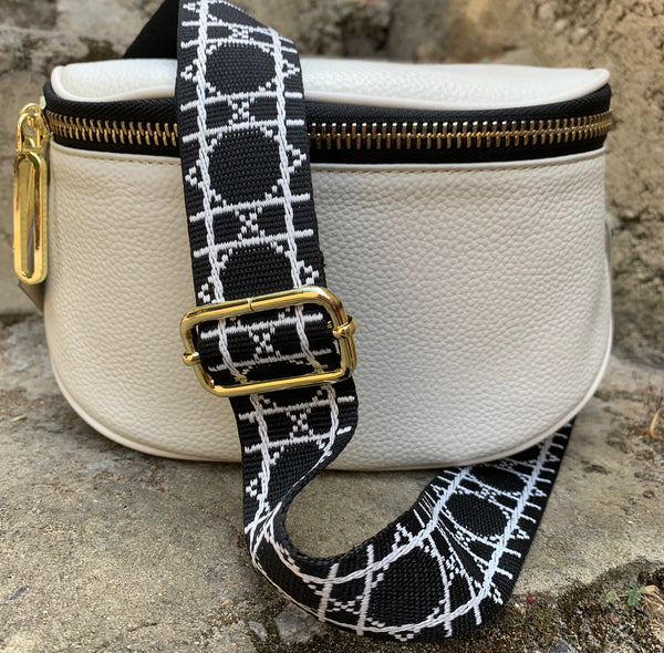 holiday cross body bag white + black geometric