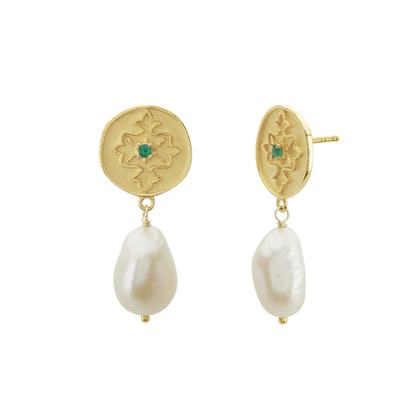 murkani wandering soul green onyx & pearl earrings in 18kt yellow gold plate WSYE06