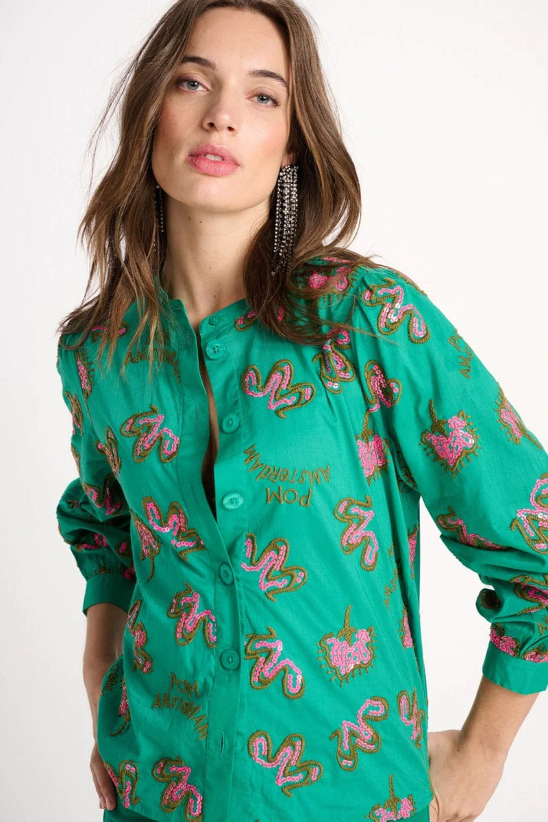 pom blouse fern green shine