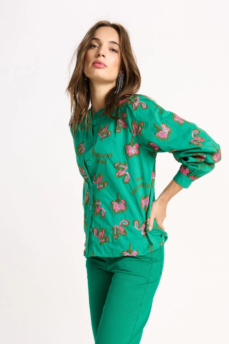 pom blouse fern green shine