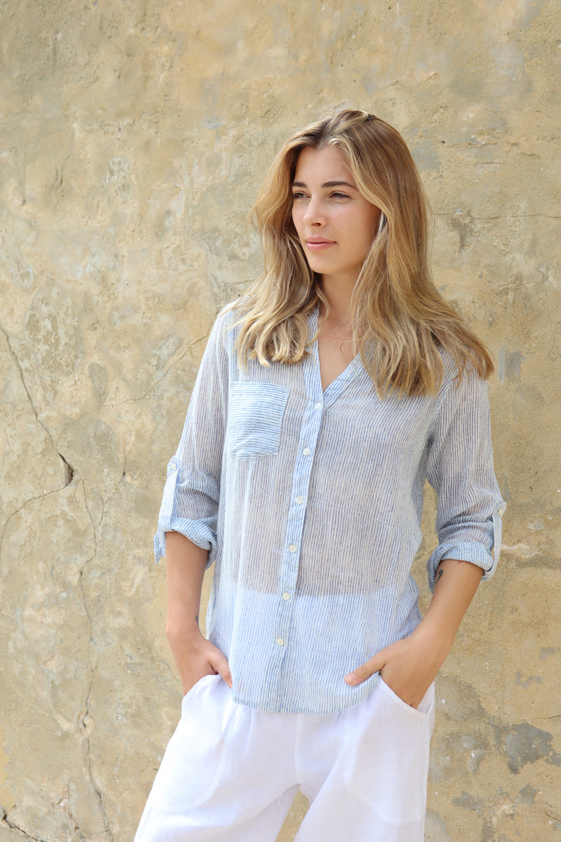 ivy & isabel - caprice shirt - blue pinstripe