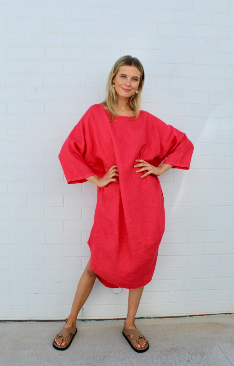 kiitos linen tulip dress coral