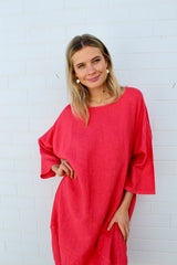 kiitos linen tulip dress coral