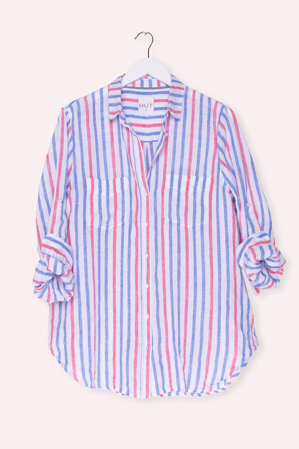 hut boyfriend linen shirt raspberry blue white stripe