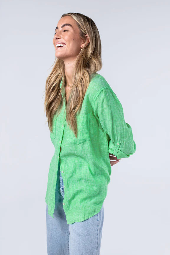 hut soft green chambray boyfriend linen shirt