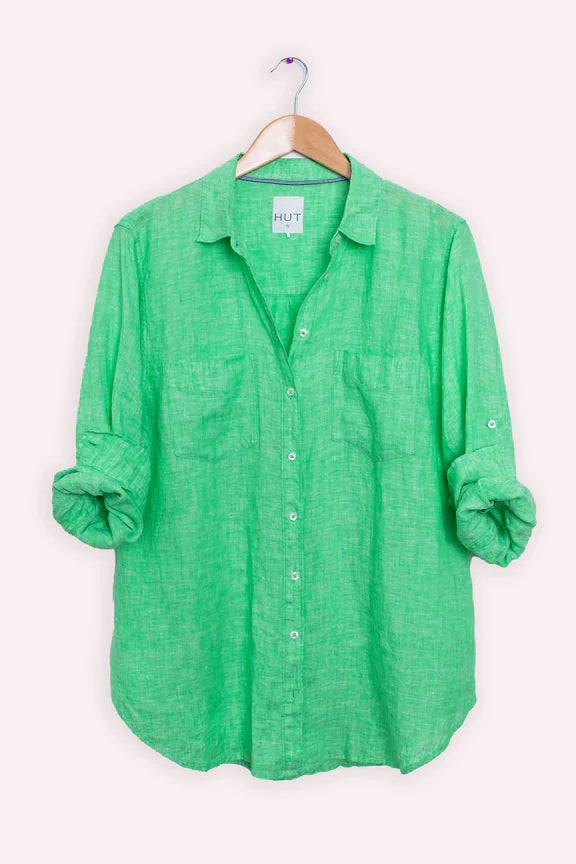 hut soft green chambray boyfriend linen shirt
