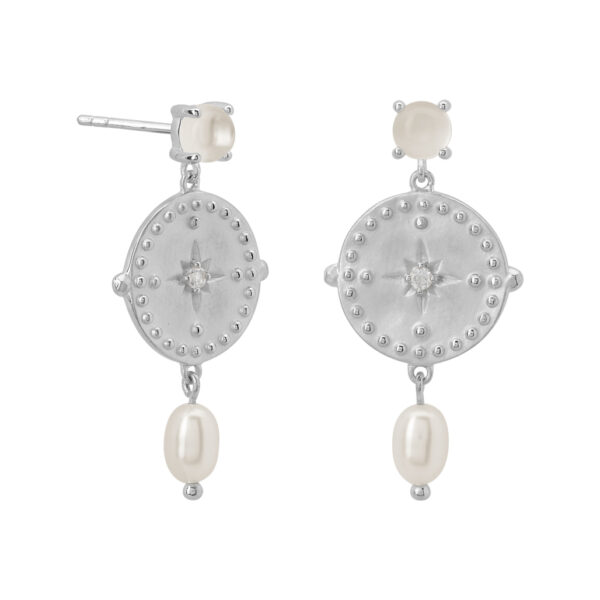 murkani into the light silver hanging disc pearl earrings