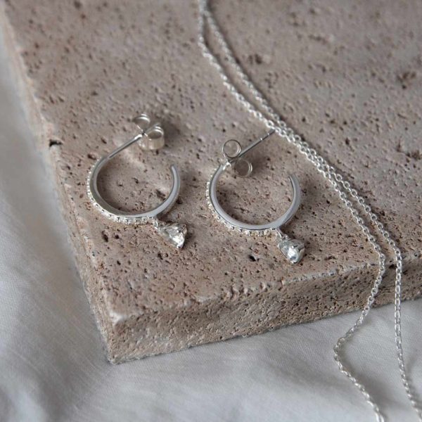 murkani petite silver tear drop hoops white topaz earrings
