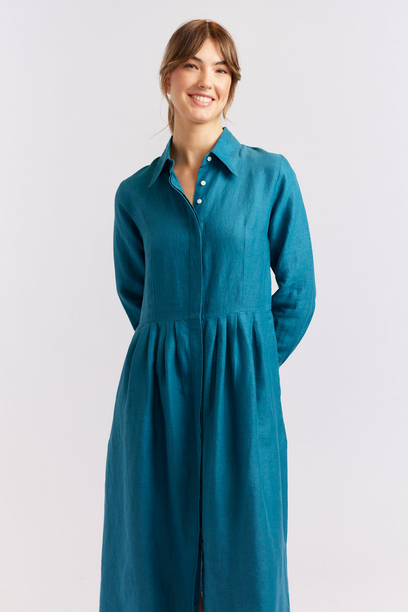 alessandra juniper dress linen kingfisher