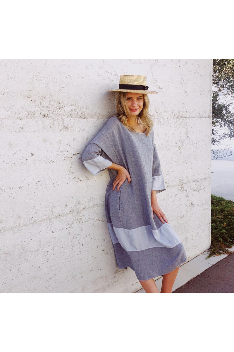 kiitos linen tulip dress stripe grey