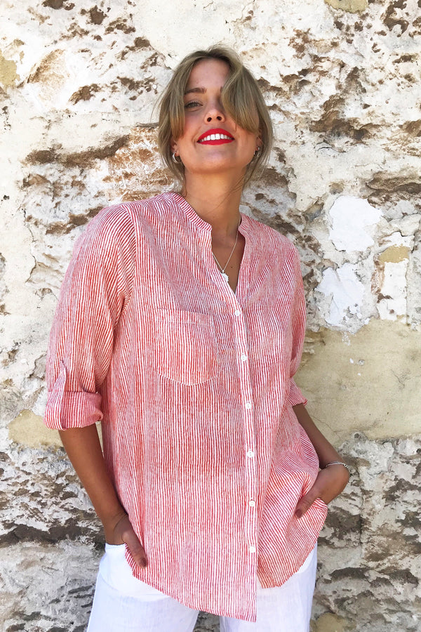 ivy & isabel - caprice shirt - tangerine pinstripe