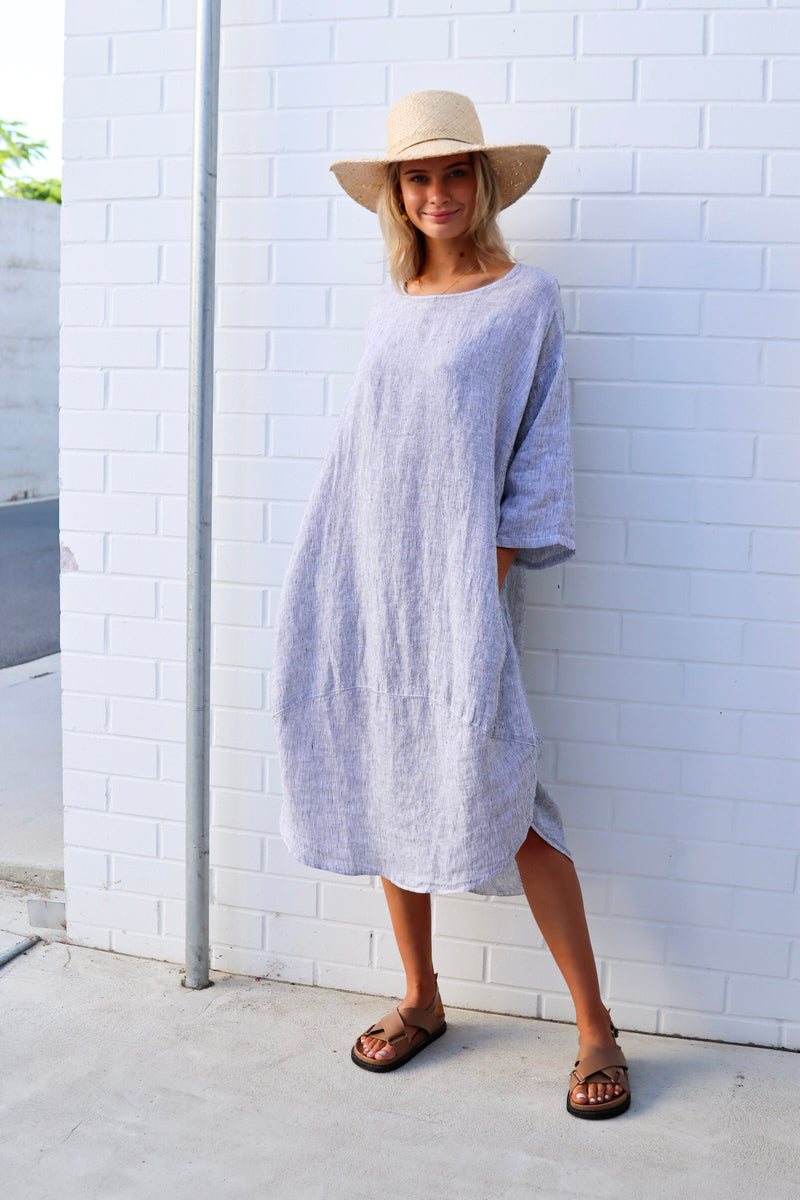 kiitos linen tulip dress blue stripe