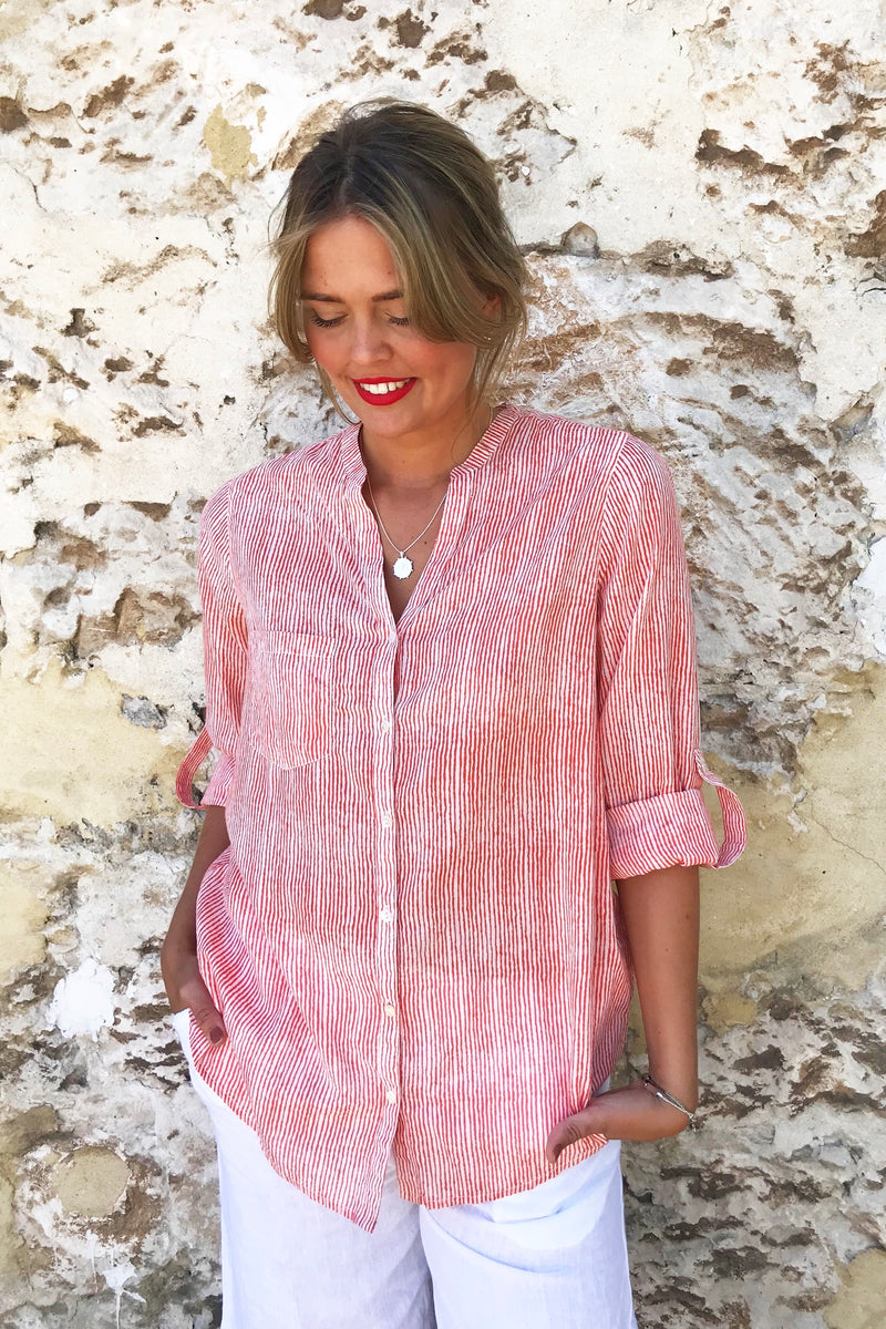 ivy & isabel - caprice shirt - tangerine pinstripe