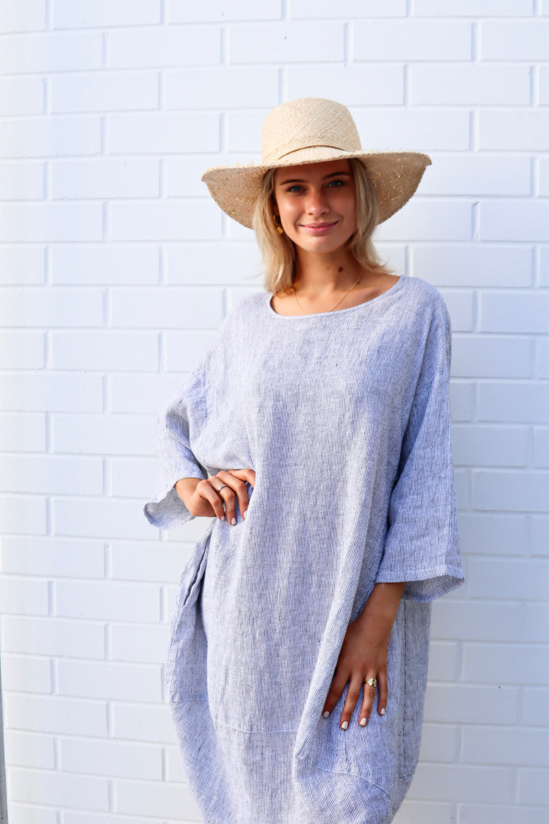 kiitos linen tulip dress blue stripe