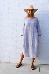 kiitos linen tulip dress blue stripe